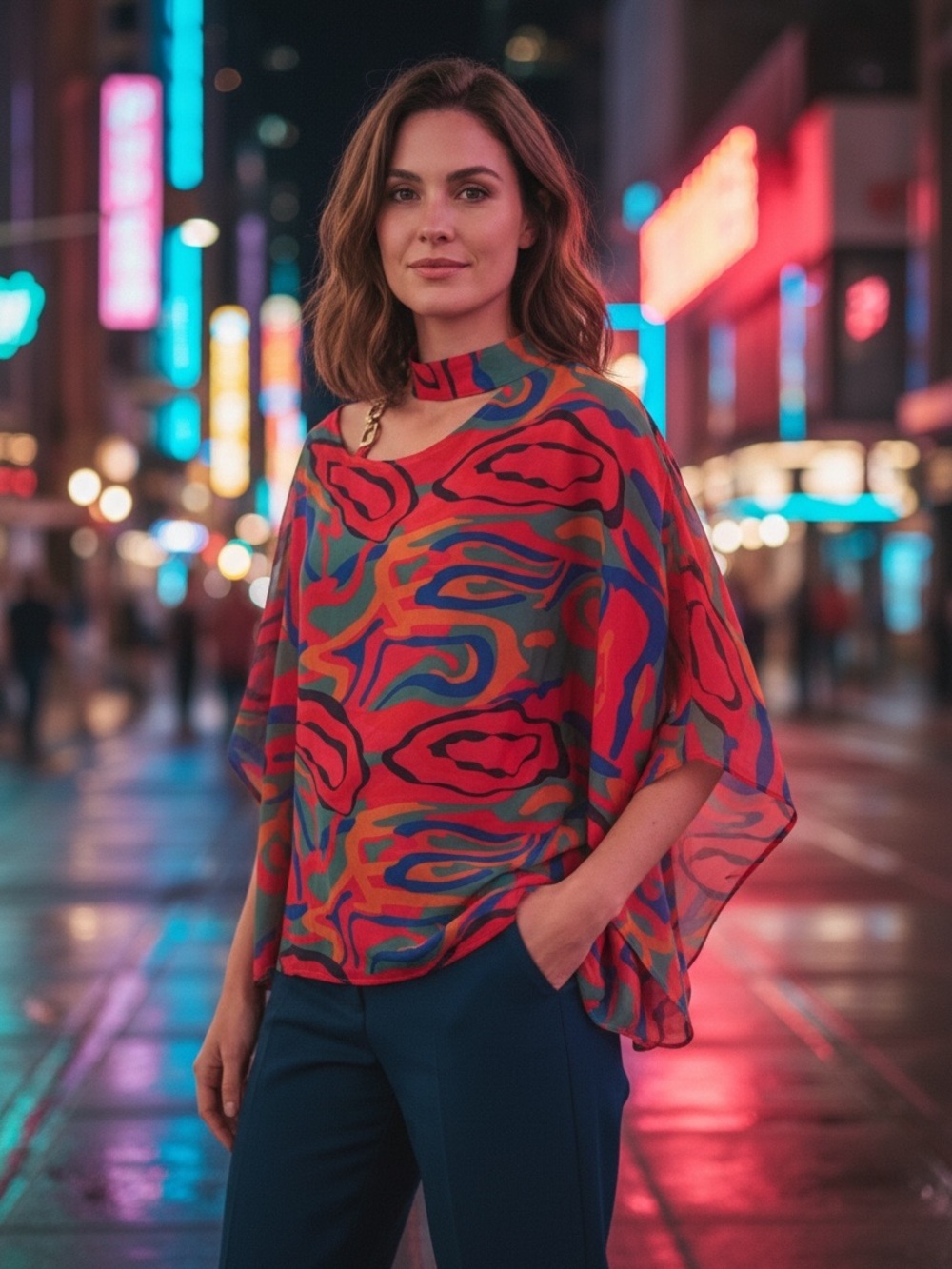 Women’s Abstract  Poncho, Chic Statement Top-Colorful High Neck CapeSleeve Tunic